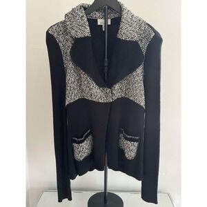 Linea Domani Cardigan Sweater Womens M Black White Herringbone Open Front‎